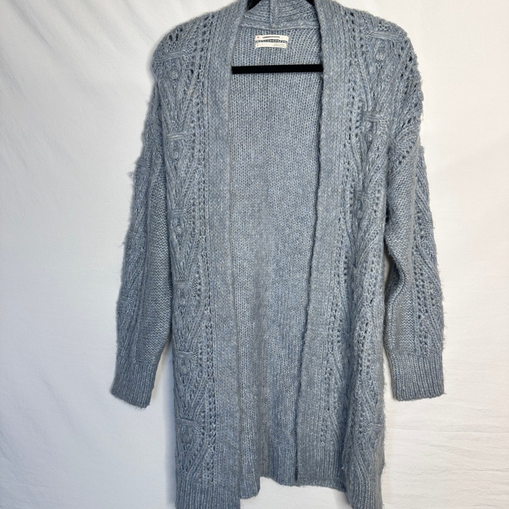ANTHROPOLOGIE Blue Chunky Cable Knit Longline Open Front Cardigan Sweater Small